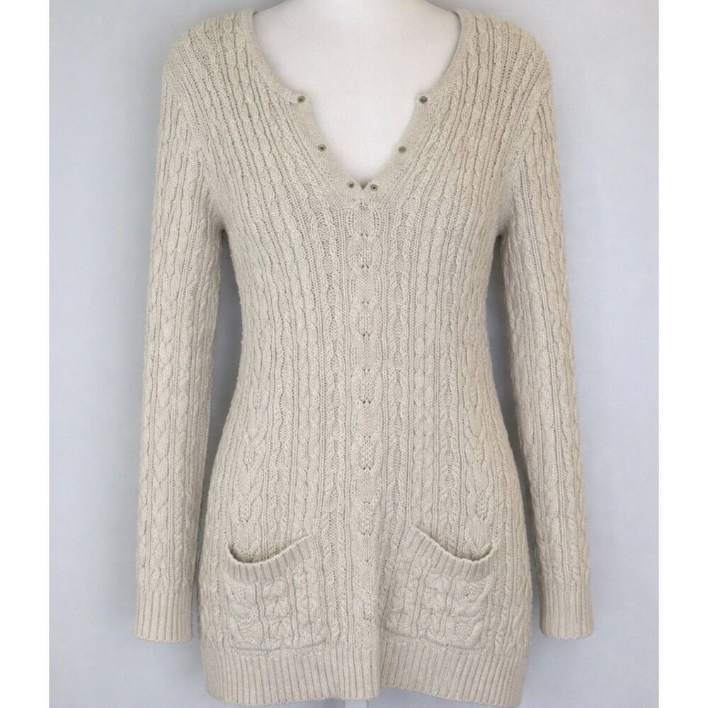 Vintage Jeanne Pierre Women’s L Beige Cable Knit Cotton Sweater Tunic Pockets